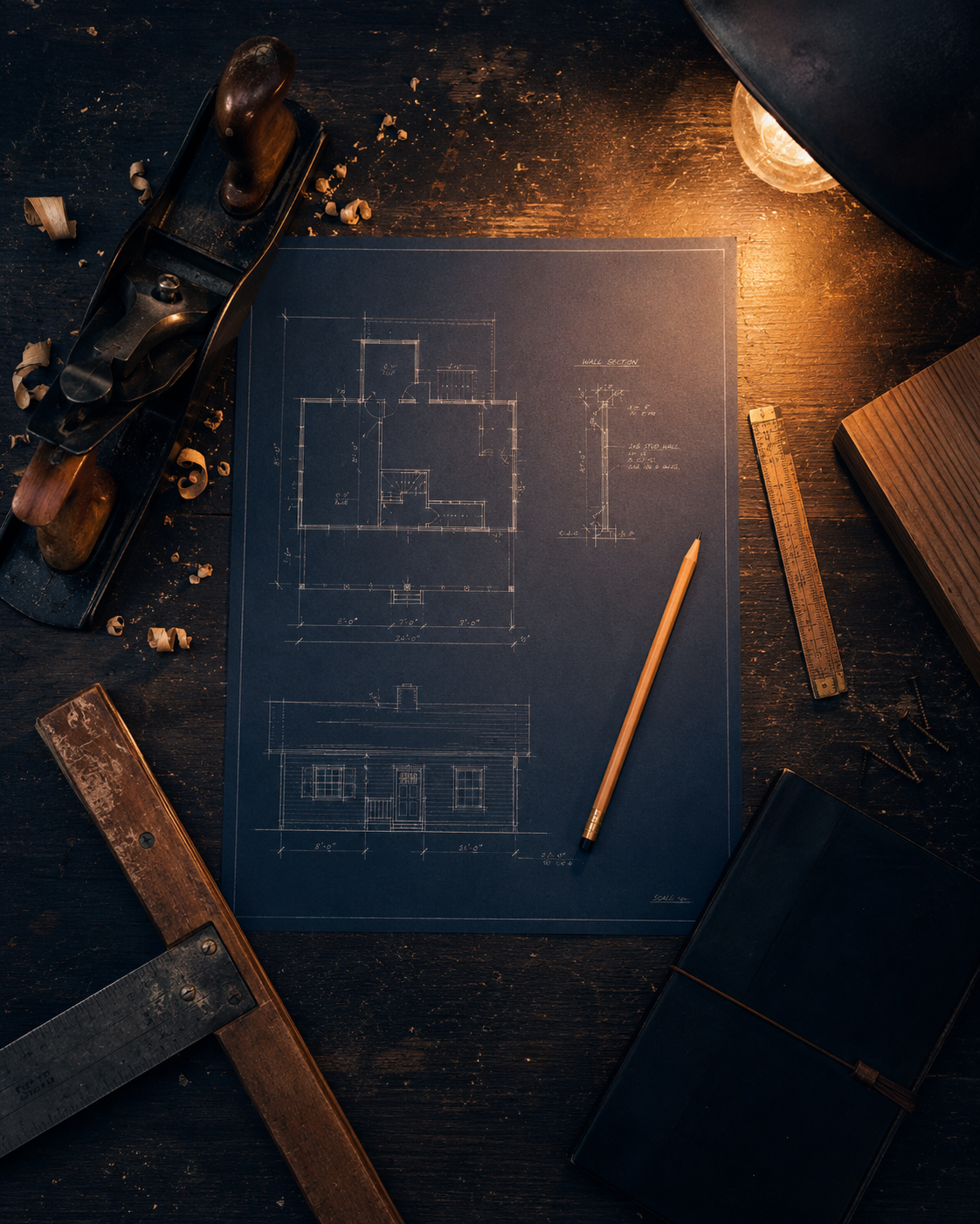 Architect's workbench with a blueprint, drafting tools and pencil under warm light