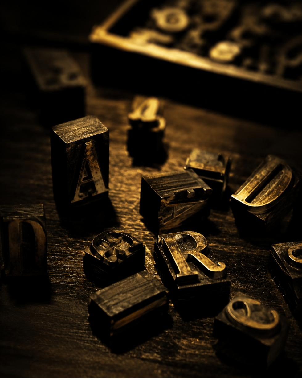 Close-up of vintage letterpress type blocks on a dark desk