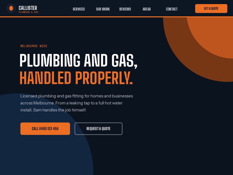 Homepage preview of the Callister Plumbing & Gas demo website