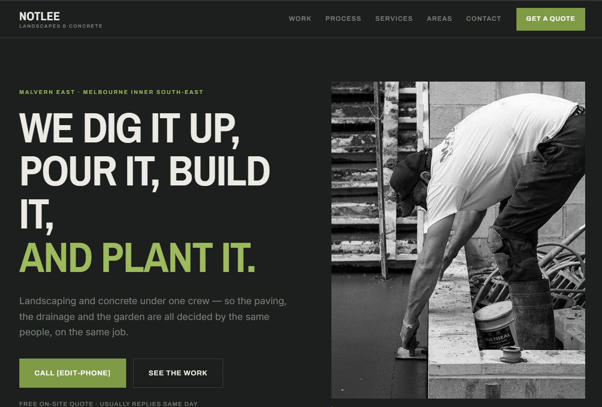 Homepage preview of the Notlee Landscapes demo website