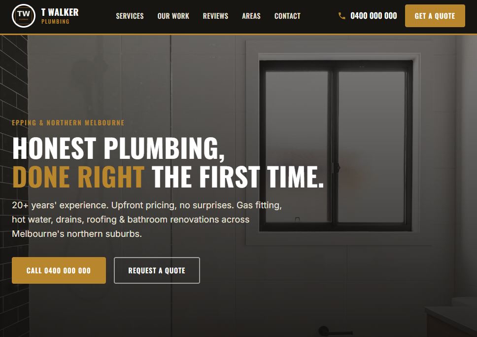 Homepage preview for T-Walker Plumbing demo website