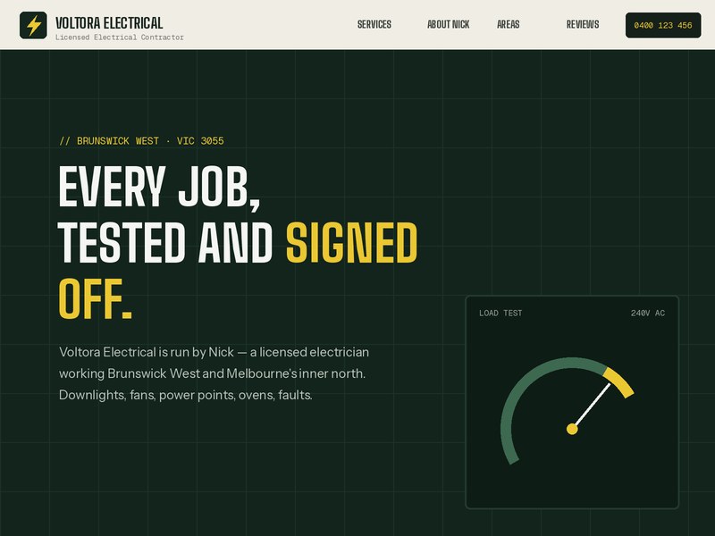 Homepage preview of the Voltora Electrical demo website